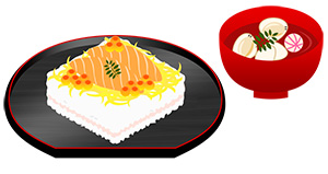 フリー素材 イラスト おひなさま お雛様 雛祭り ちらし寿司 手まり寿司 はまぐりのお吸い物 春 無料 商用可 PNG